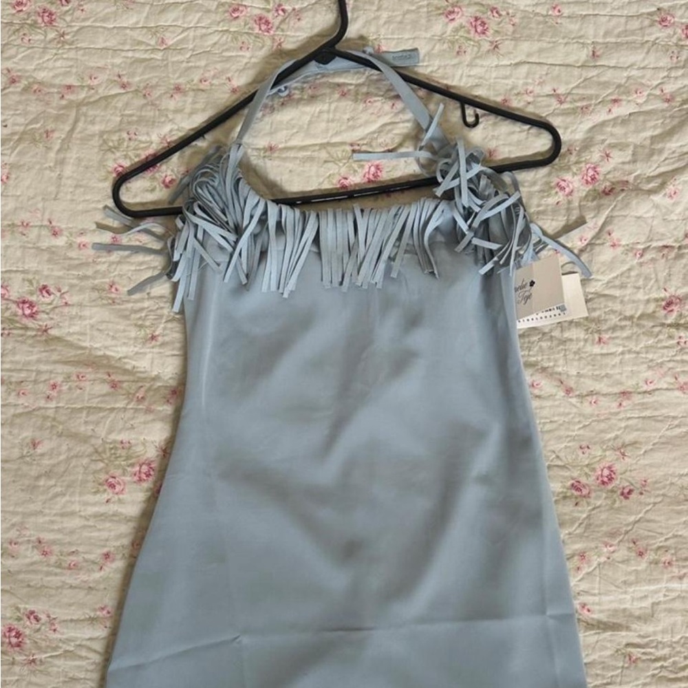 REVOLVE Light Blue Fringe Halter Mini Dress